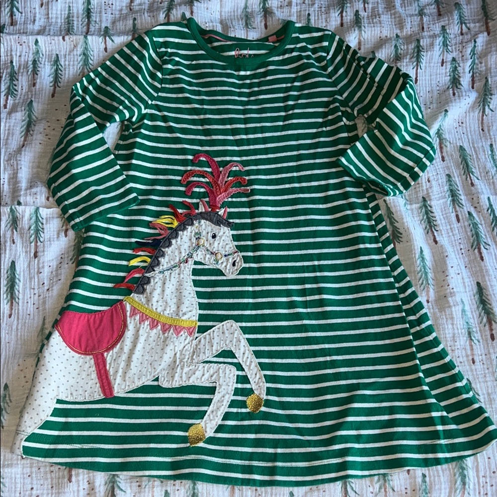 Boden Green Striped Dress with Horse Design